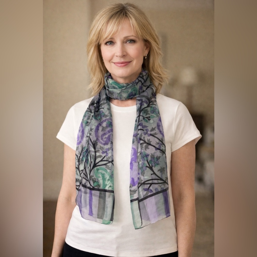 100% Pure Silk Scarf in Purple & Teal - Women's Wrap
